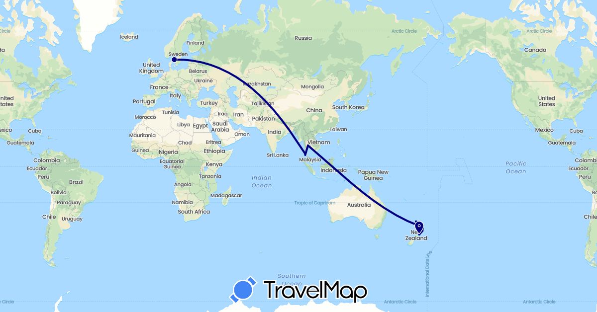 TravelMap itinerary: driving in New Zealand, Sweden, Thailand (Asia, Europe, Oceania)